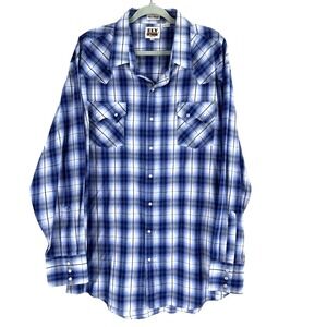 Ely Cattleman Tall Man Pearl Snap Western Shirt Mens 3XLT Blu Plaid Rodeo Cowboy